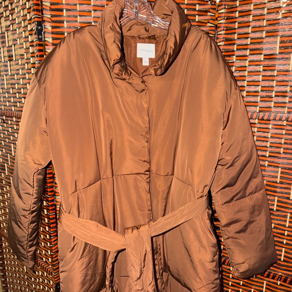 Daily Ritual Womens Copper Brown Quilted Belted Puffer Coat Funnel Neck Sz S